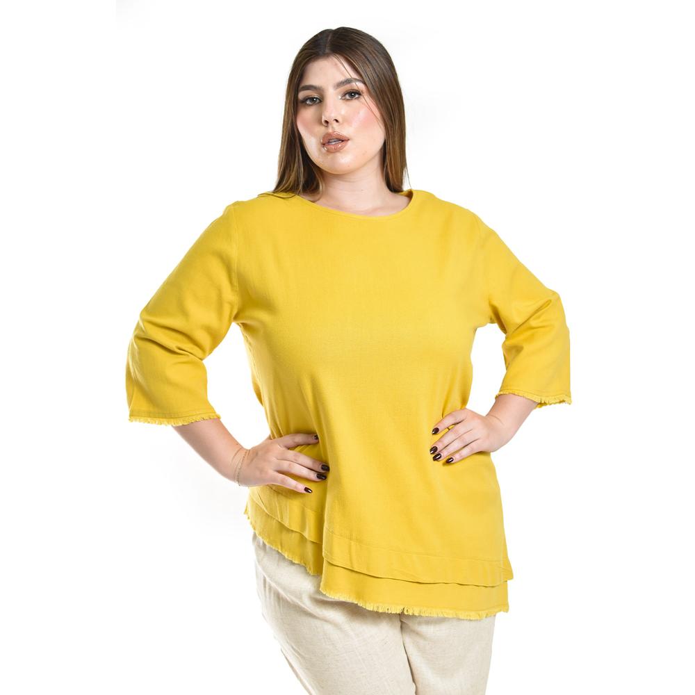 Blusa De Lino Corte Asimetrico Roman Fashion / Tallas Extras, 0340 (mostaza) Amarillo