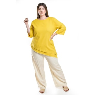 Foto 6 | Blusa De Lino Corte Asimetrico Roman Fashion / Tallas Extras, 0340 (mostaza) Amarillo