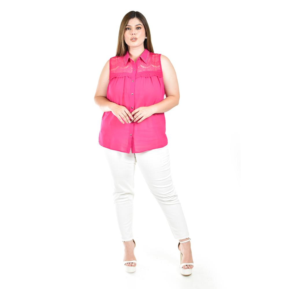 Foto 5 pulgar | Blusa Transparente Con Detalles De Encaje Roman Fashion /tallas Extras, 202 (fiusha) Fucsia