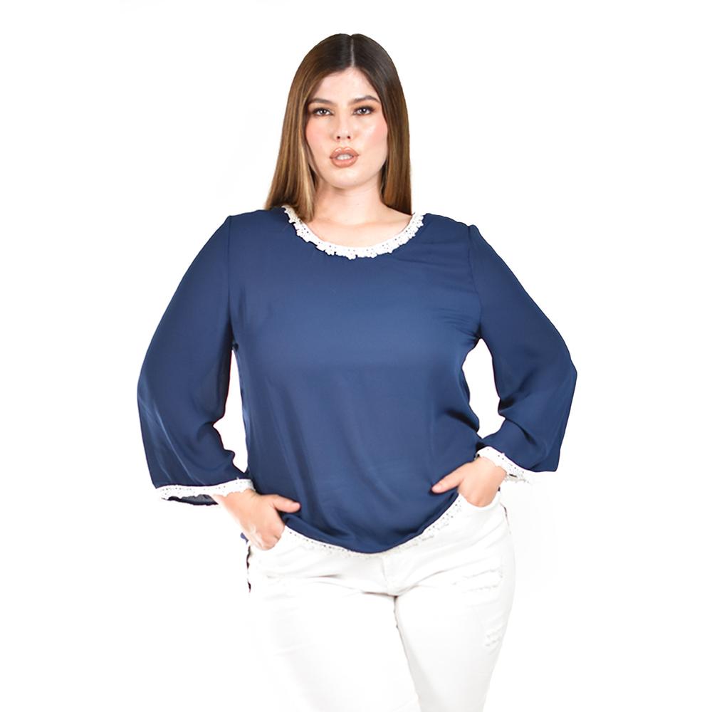 Blusa Con Detalles De Encaje Roman Fashion /tallas Extras, 1503 (azul Marino) Azul Marino