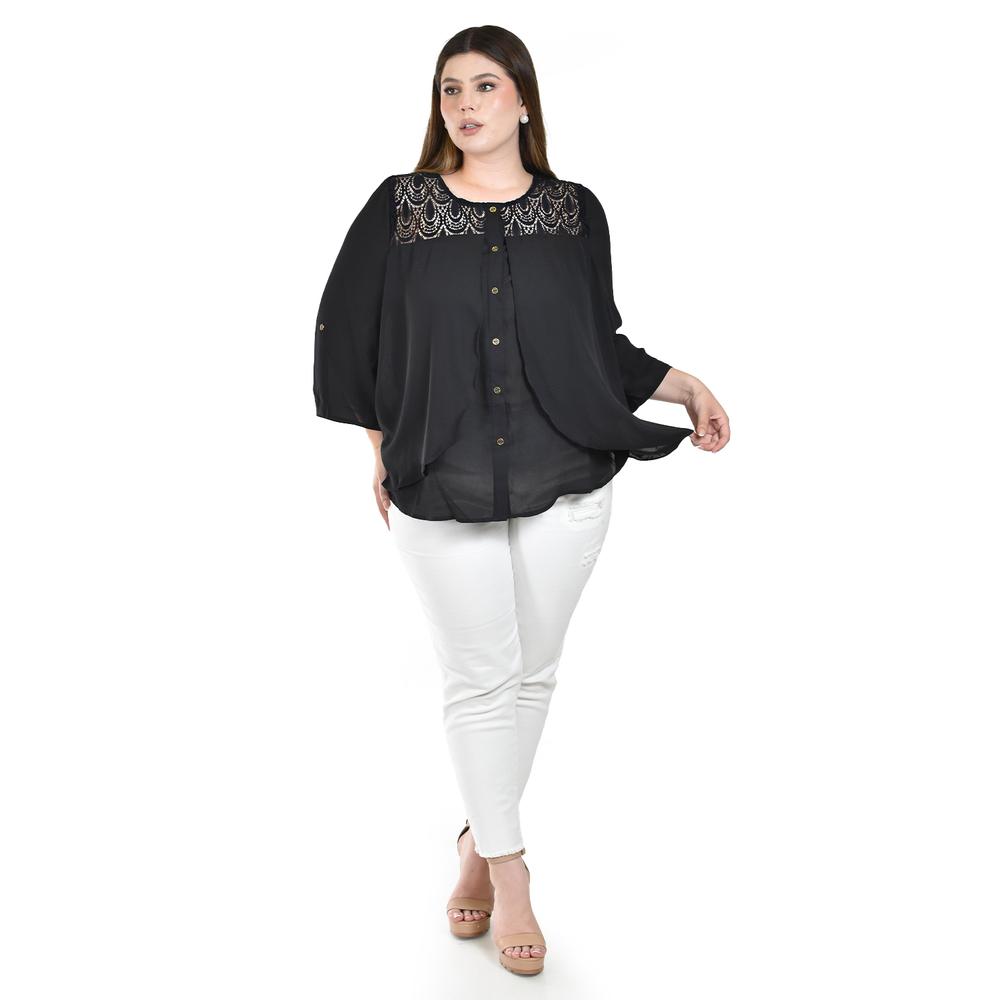 Foto 2 pulgar | Blusa con Encaje Roman Fashion Negra para Mujer