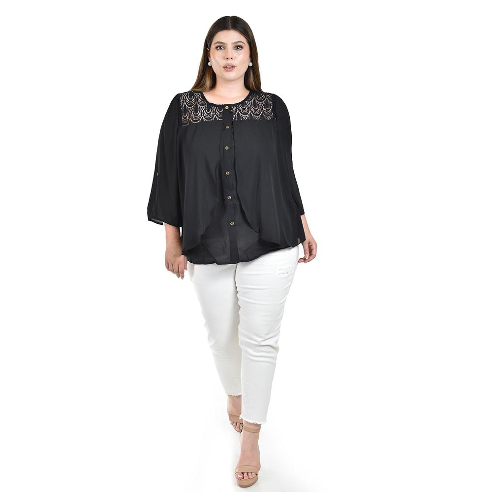 Foto 6 pulgar | Blusa con Encaje Roman Fashion Negra para Mujer