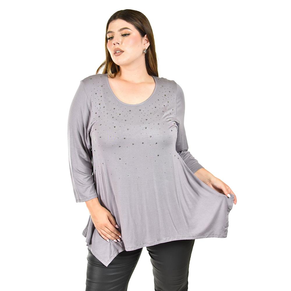 Foto 2 pulgar | Blusa Asimetrica con Pedrería Roman Fashion Gris para Mujer