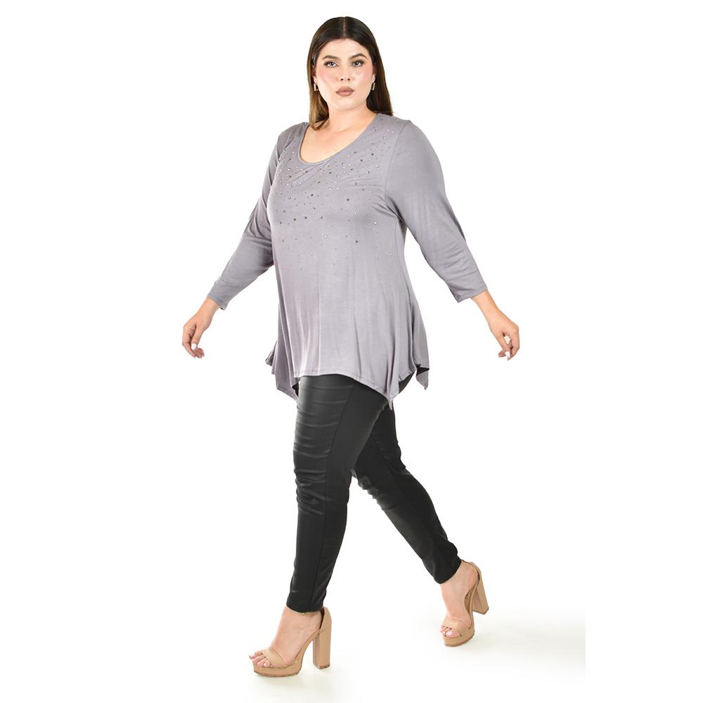 Foto 3 pulgar | Blusa Asimetrica con Pedrería Roman Fashion Gris para Mujer
