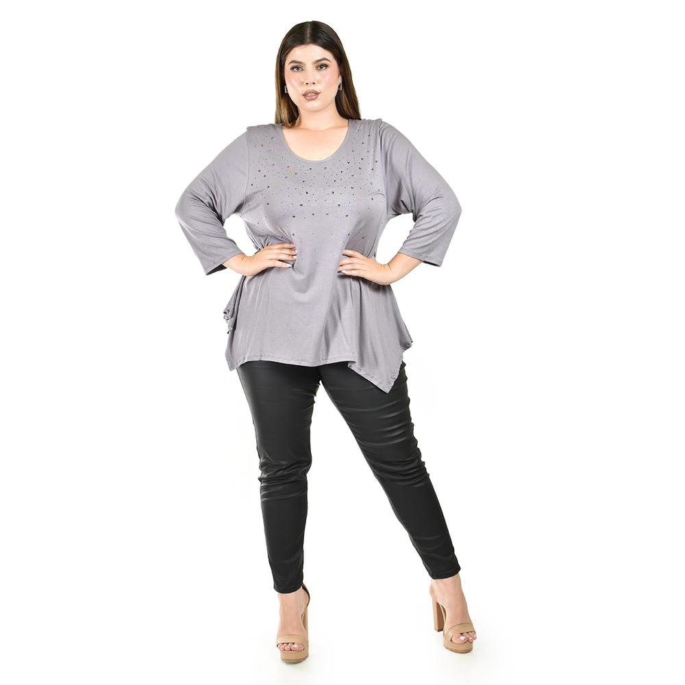 Foto 4 | Blusa Asimetrica con Pedrería Roman Fashion Gris para Mujer