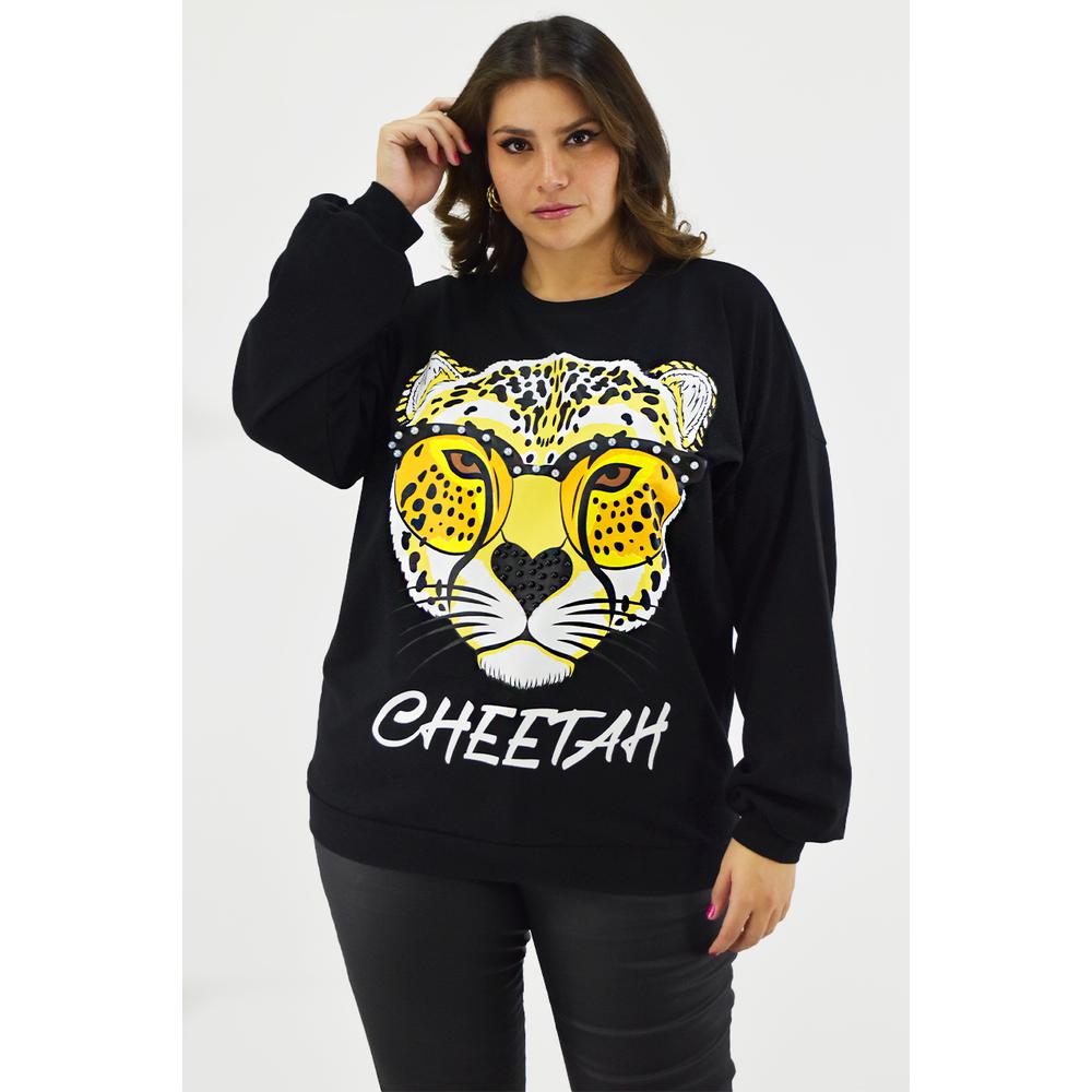 Foto 2 pulgar | Sudadera Cheetah Roman Fashion Negra Tallas Extras para Mujer