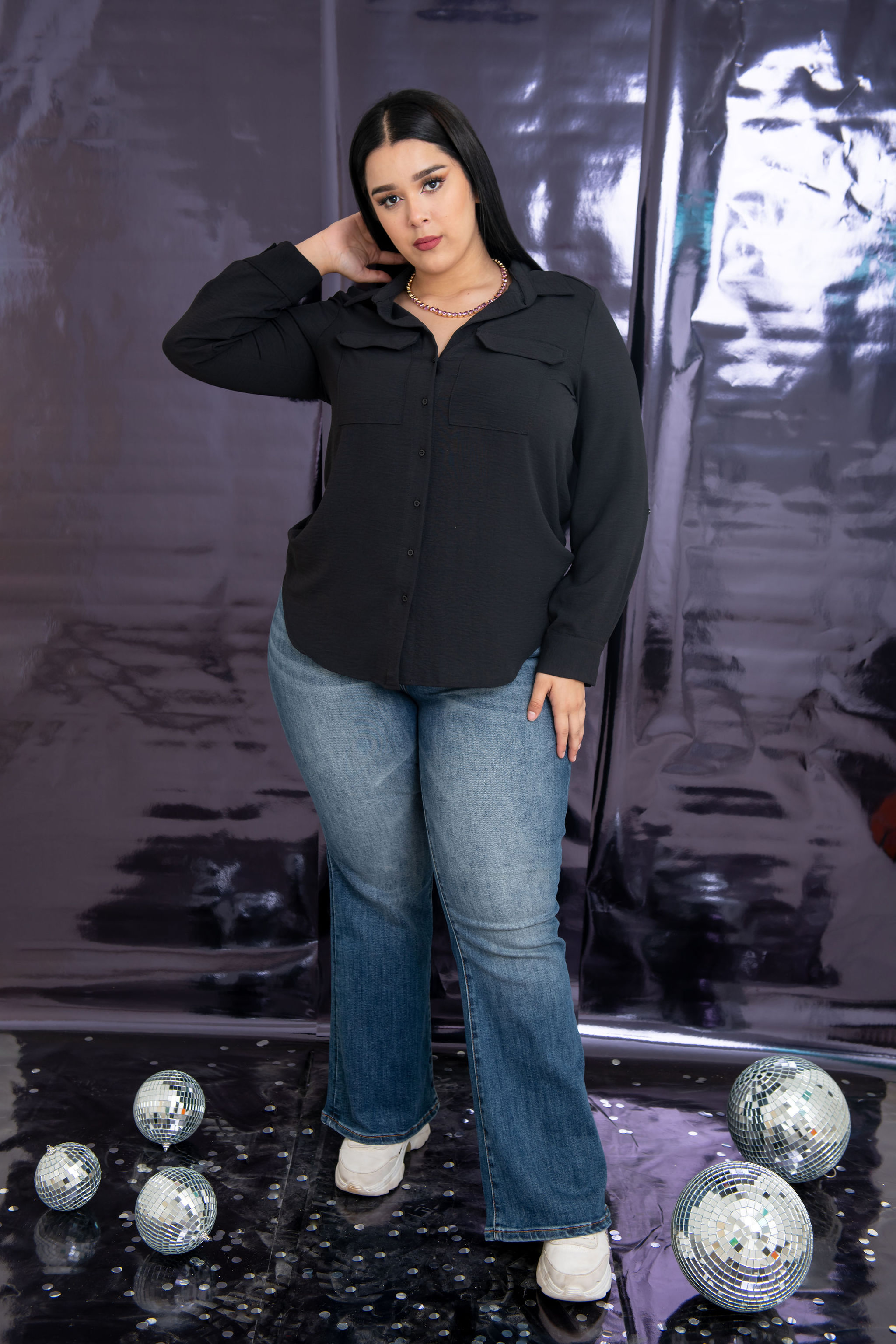 Foto 2 | Blusa Camisera María Ferré 30520 color Negro Manga Larga Para Mujer Tallas Extras