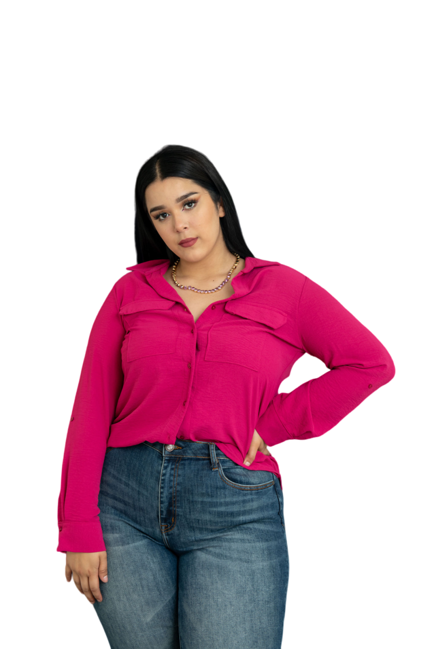 Foto 2 pulgar | Blusa Camisera María Ferré 30520 color Magenta Manga Larga Para Mujer Tallas Extras
