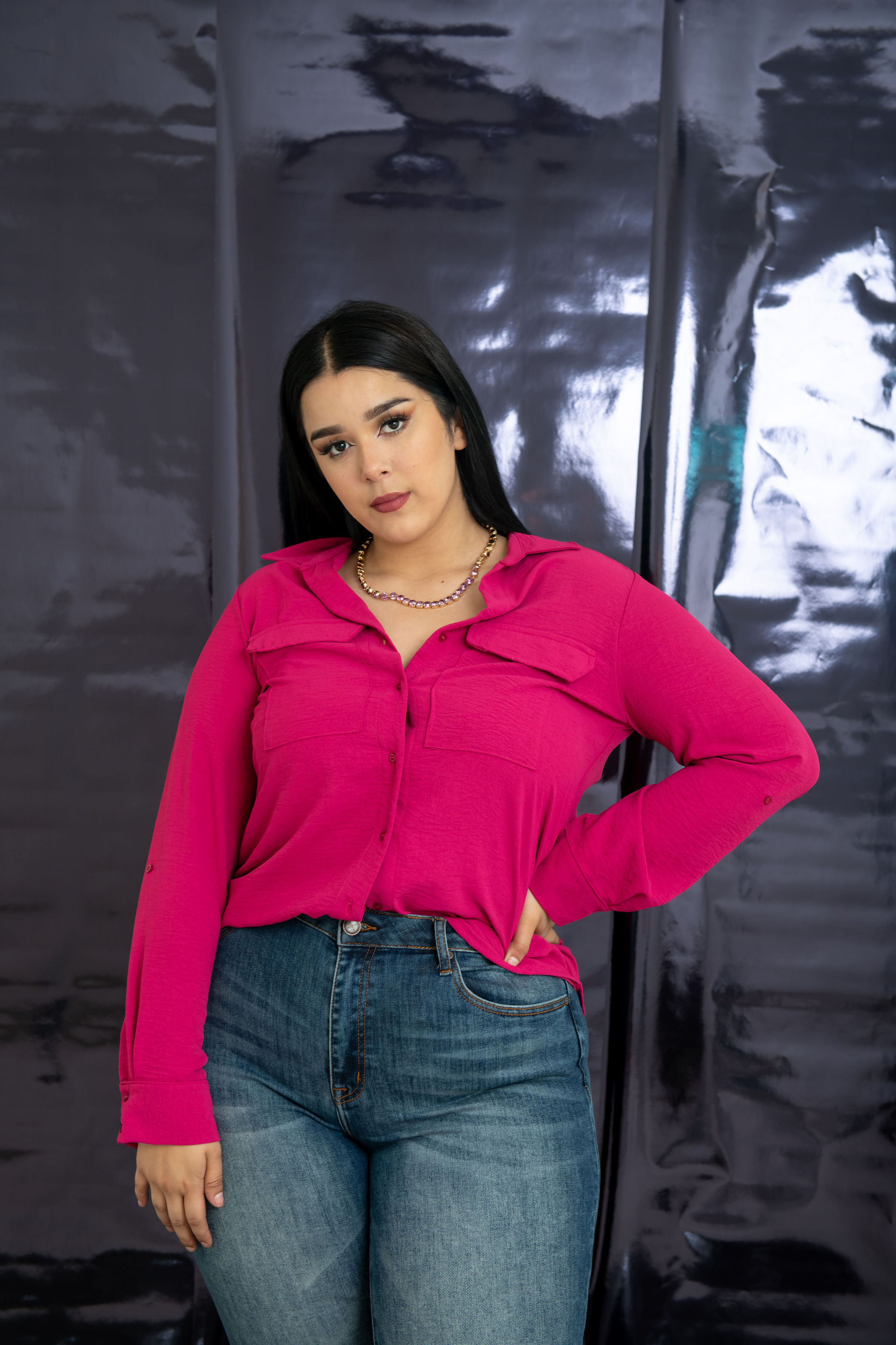 Foto 5 pulgar | Blusa Camisera María Ferré 30520 color Magenta Manga Larga Para Mujer Tallas Extras