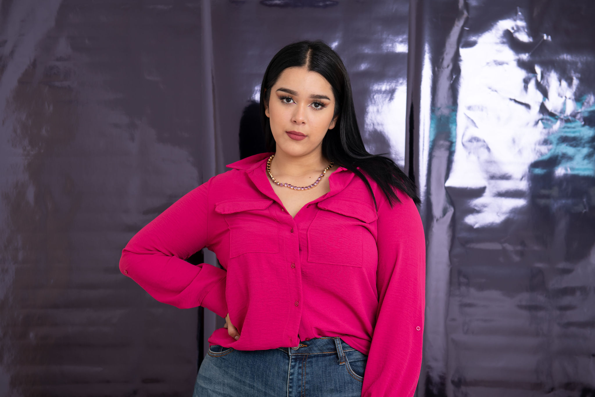 Foto 6 pulgar | Blusa Camisera María Ferré 30520 color Magenta Manga Larga Para Mujer Tallas Extras