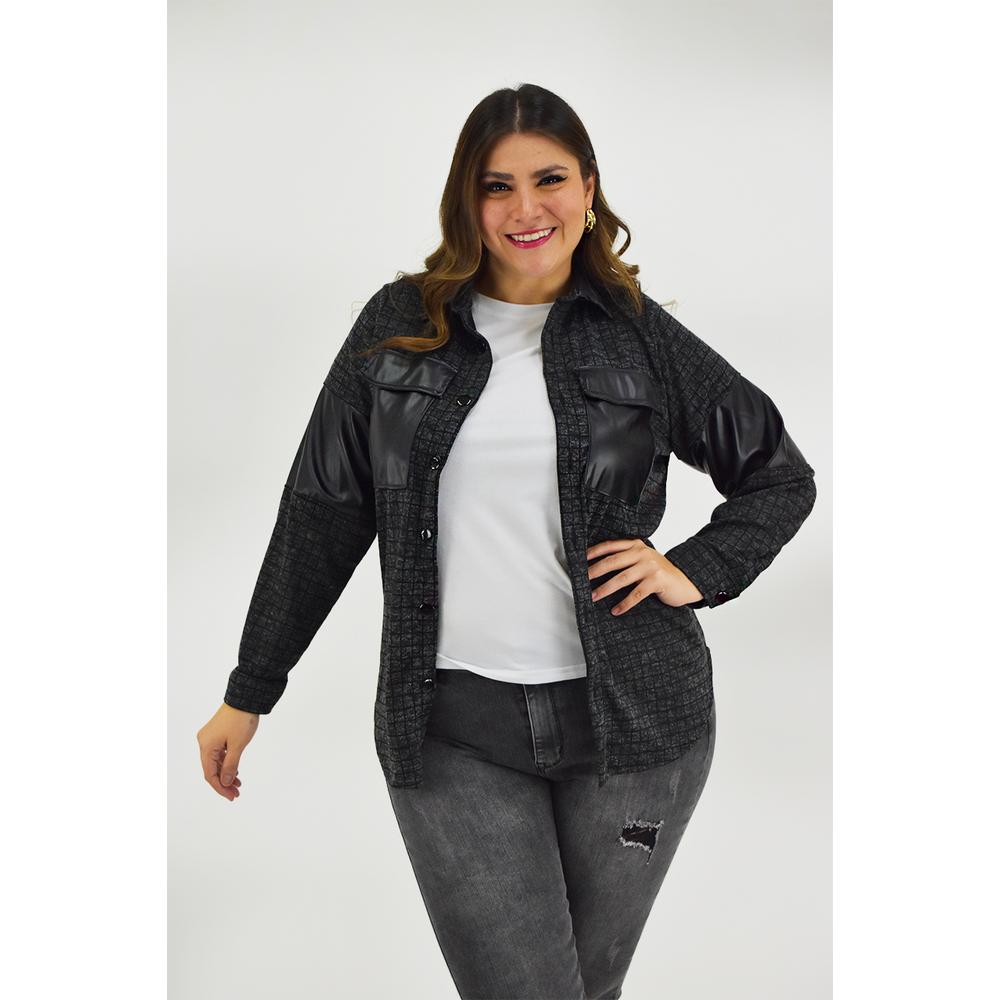 Foto 2 pulgar | Sobrecamisa Roman Fashion Gris a Cuadros para Mujer