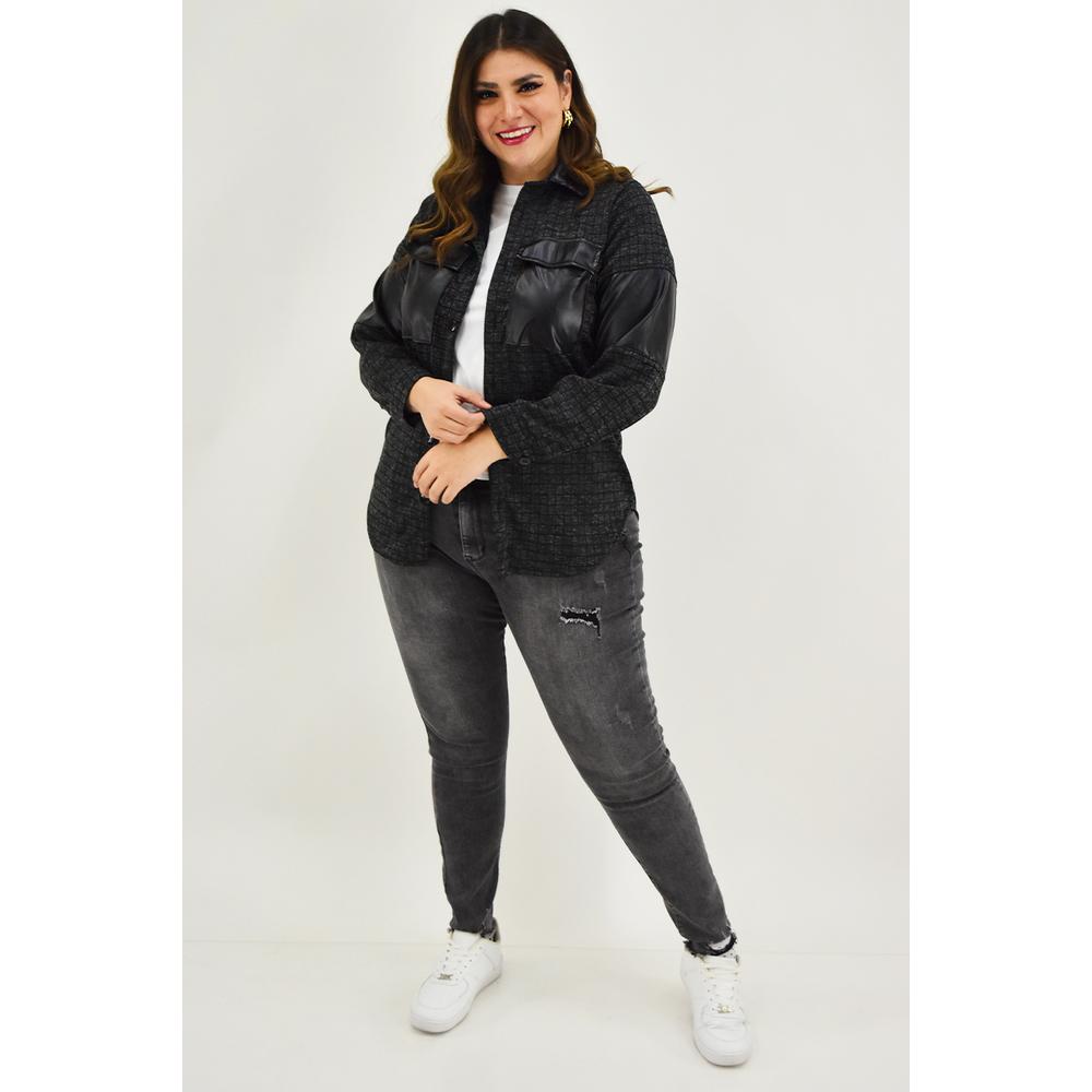 Foto 7 pulgar | Sobrecamisa Roman Fashion Gris a Cuadros para Mujer