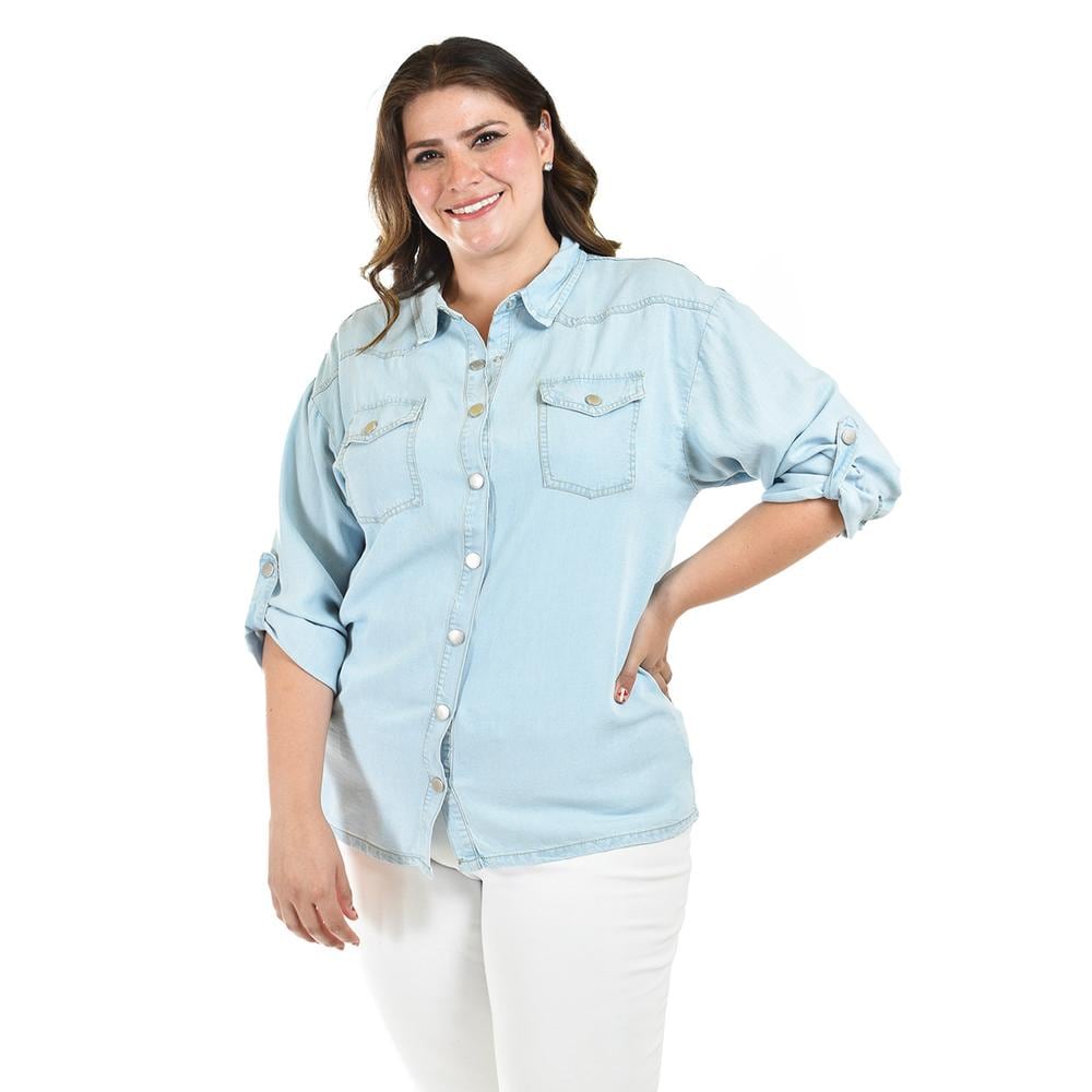 Camisa Denim Roman Fashion /tallas Extras, 018 (mezclilla Tono Claro) Azul,Size 40