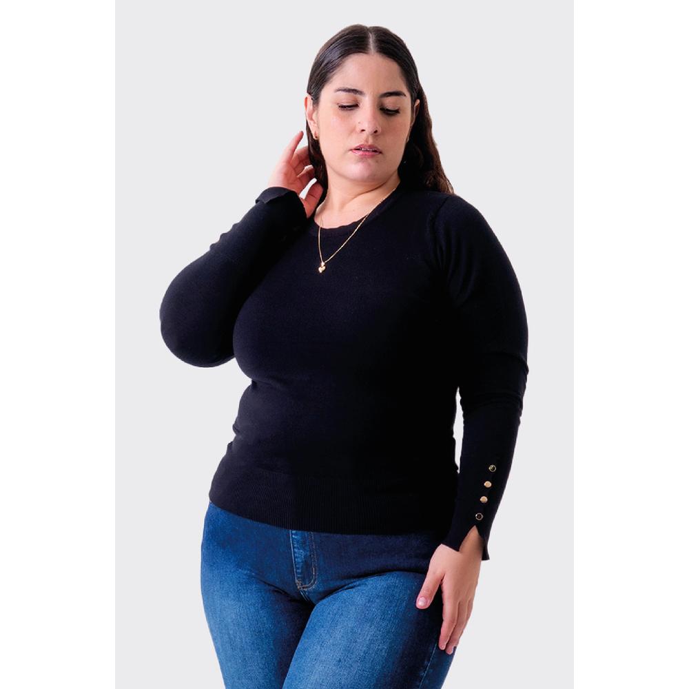 Foto 2 pulgar | Suéter Básico Roman Fashion Negro Detalle de Botón Tallas Extras para Mujer