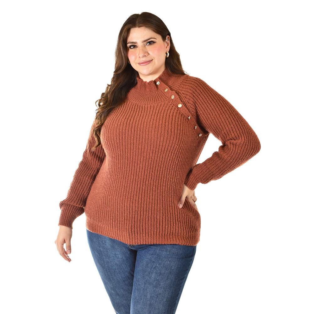 Foto 2 pulgar | Sueter Cuello Alto Con Botones Roman Fashion / Tallas Extras, 4005 (chedron) Cafe