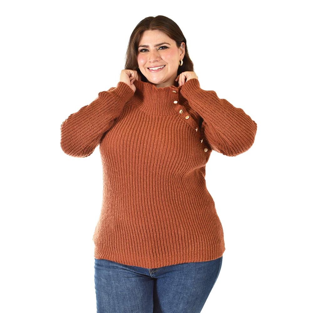 Foto 6 pulgar | Sueter Cuello Alto Con Botones Roman Fashion / Tallas Extras, 4005 (chedron) Cafe
