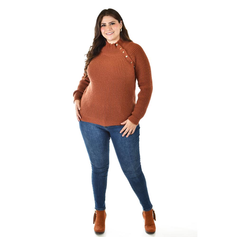 Foto 7 pulgar | Sueter Cuello Alto Con Botones Roman Fashion / Tallas Extras, 4005 (chedron) Cafe