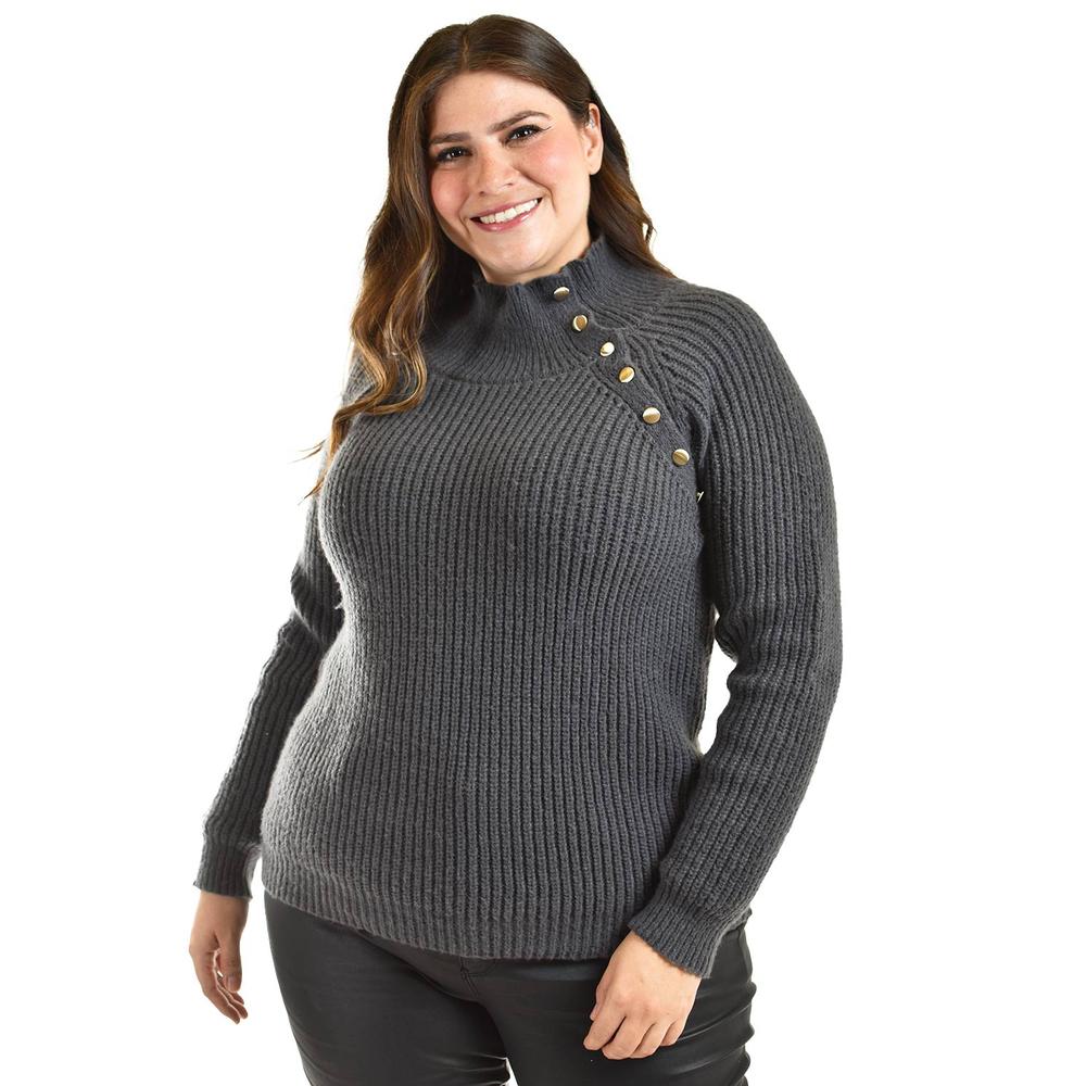 Suéter Cuello Alto con Botones Roman Fashion Tallas Extras Gris