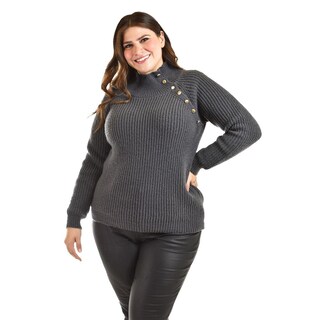 Foto 5 | Suéter Cuello Alto con Botones Roman Fashion Tallas Extras Gris