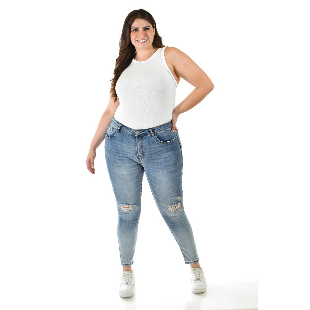 Jeans Skinny Con Detalles Desgastados /tallas Extras, 201 (mezclilla Claro) Azul