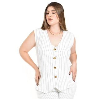 Foto 4 | Set Chaleco Y Pantalon A Rayas Roman Fashion /tallas Extras, 5073 (blanco Lineas) Blanco
