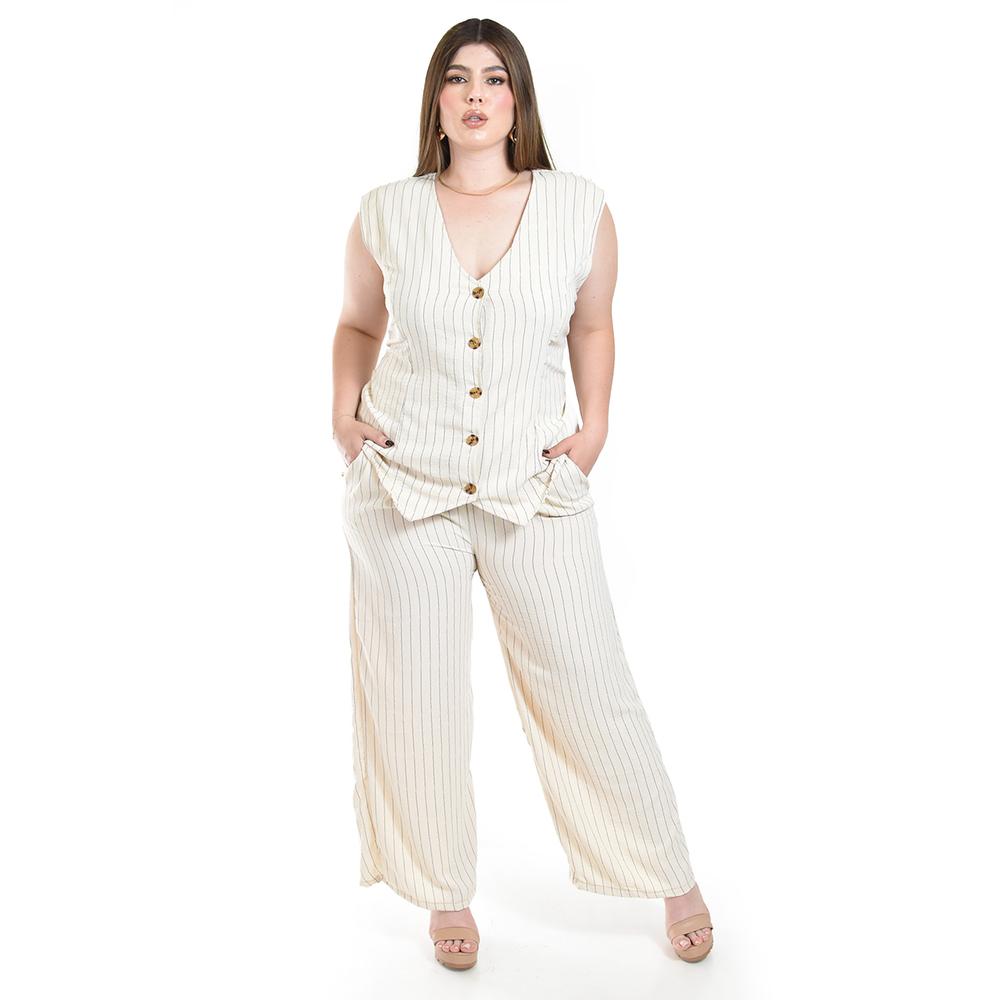 Foto 2 pulgar | Set Chaleco Y Pantalon A Rayas Roman Fashion /tallas Extras, 5073 (arena Lineas) Beige