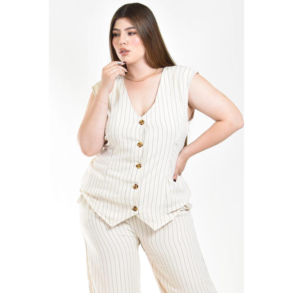 Foto 5 pulgar | Set Chaleco Y Pantalon A Rayas Roman Fashion /tallas Extras, 5073 (arena Lineas) Beige