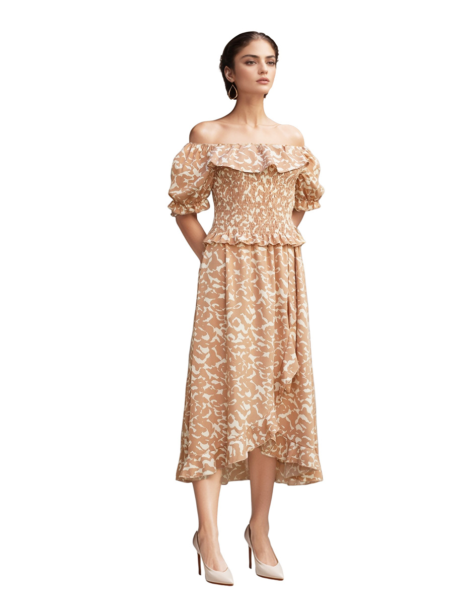 Conjunto Casual Falda Midi Y Blusa Campesina Color Beige