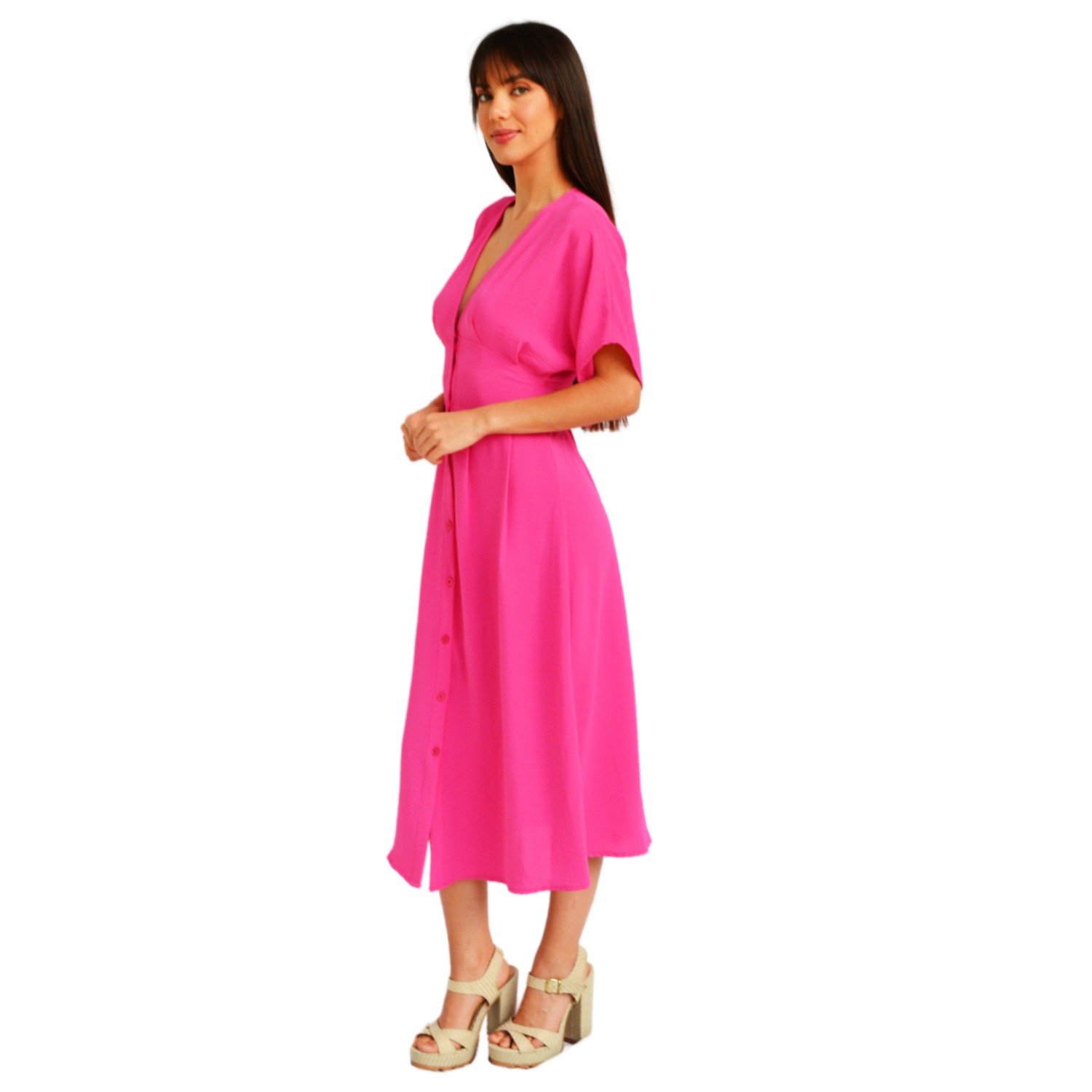 Foto 3 pulgar | Vestido Manga Corta Roman Fashion color Fucsia