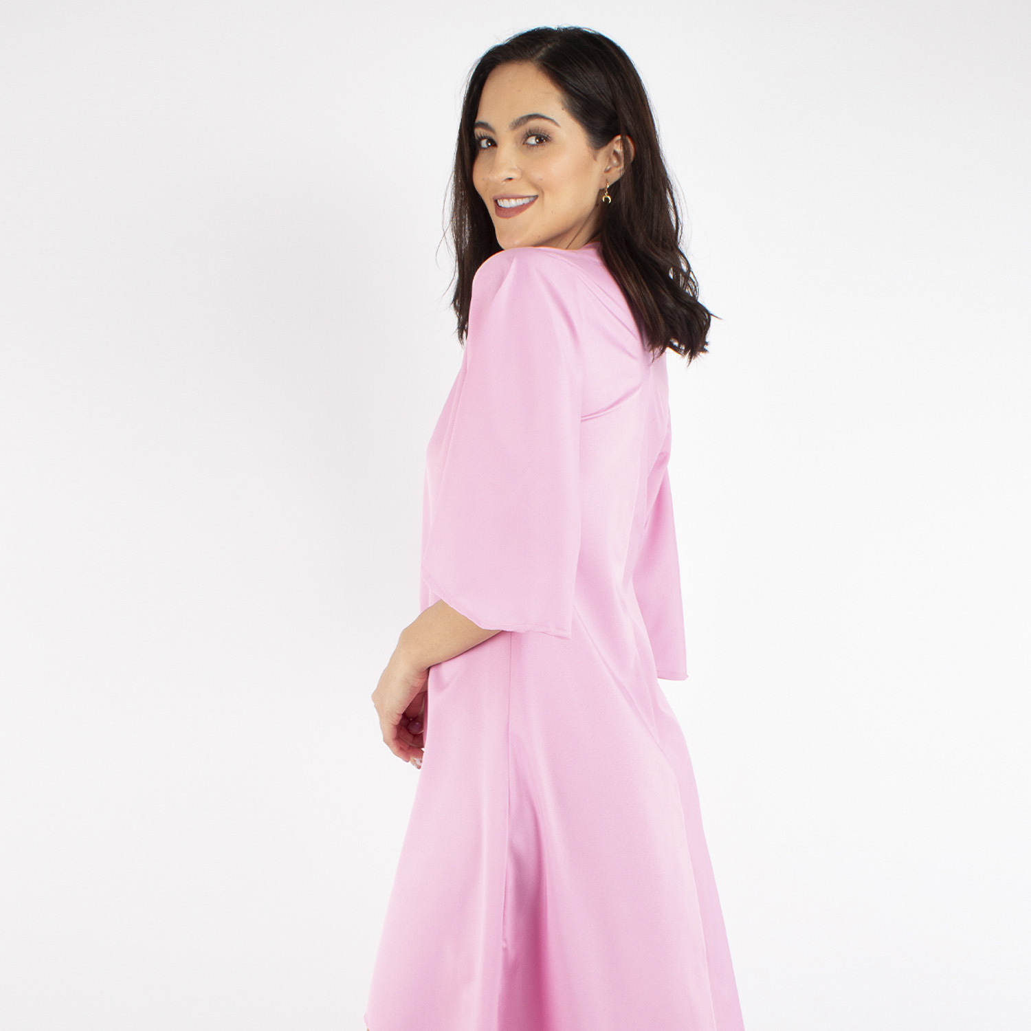 Foto 5 pulgar | Vestido Asimétrico Manga Campana Amad color Rosa