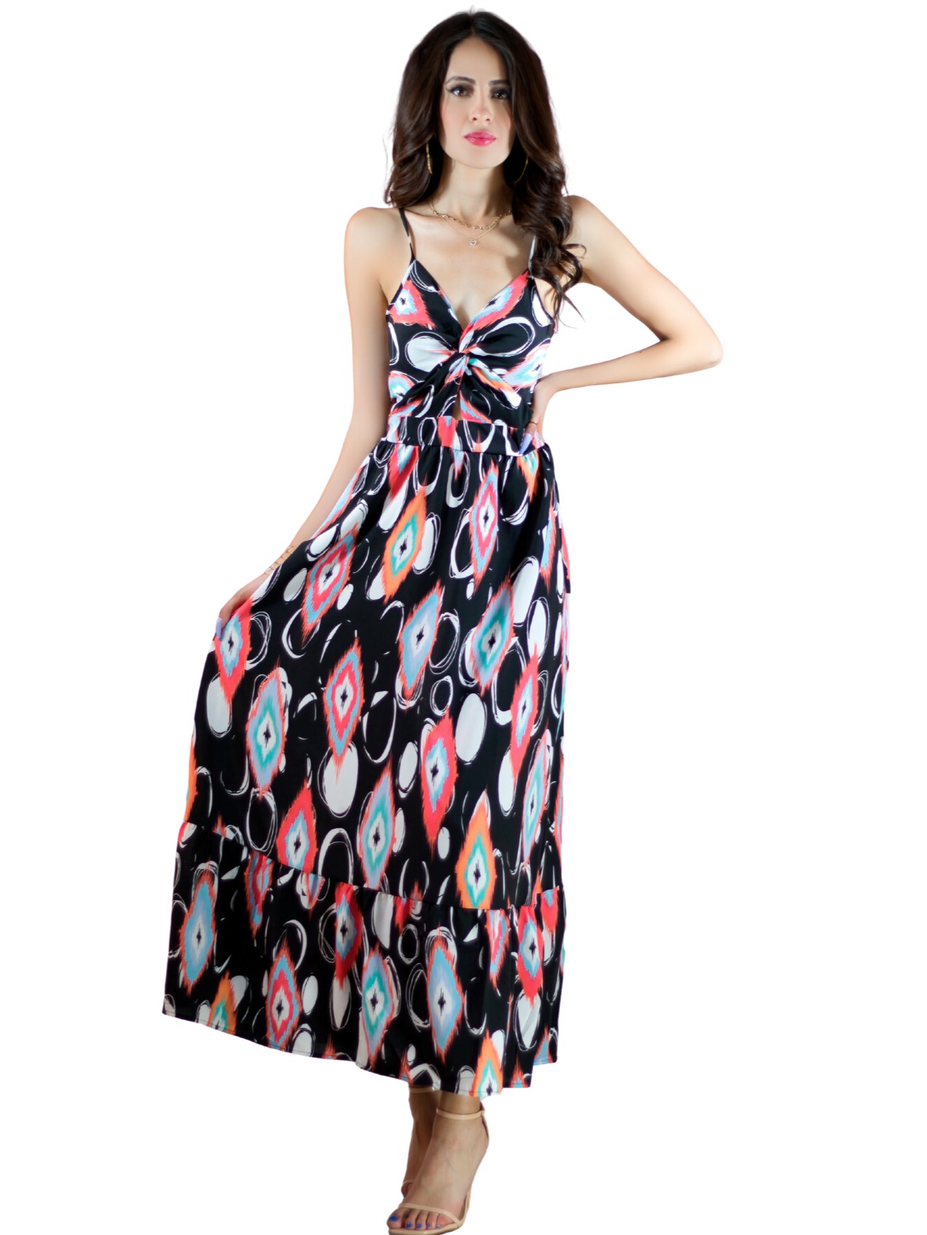 Vestido Largo Ves-1007 Negro con Estampados de Mujer