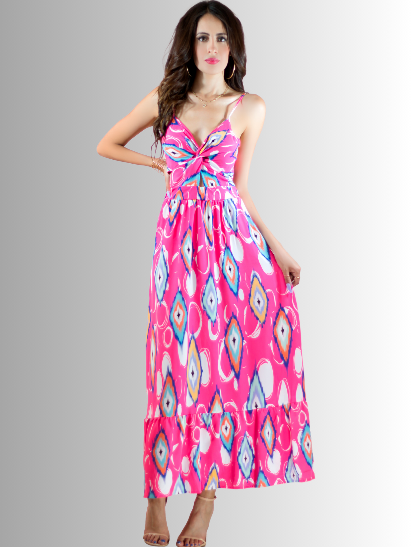Foto 3 pulgar | Vestido Largo Ves-1007 Fucsia con Estampados de Mujer