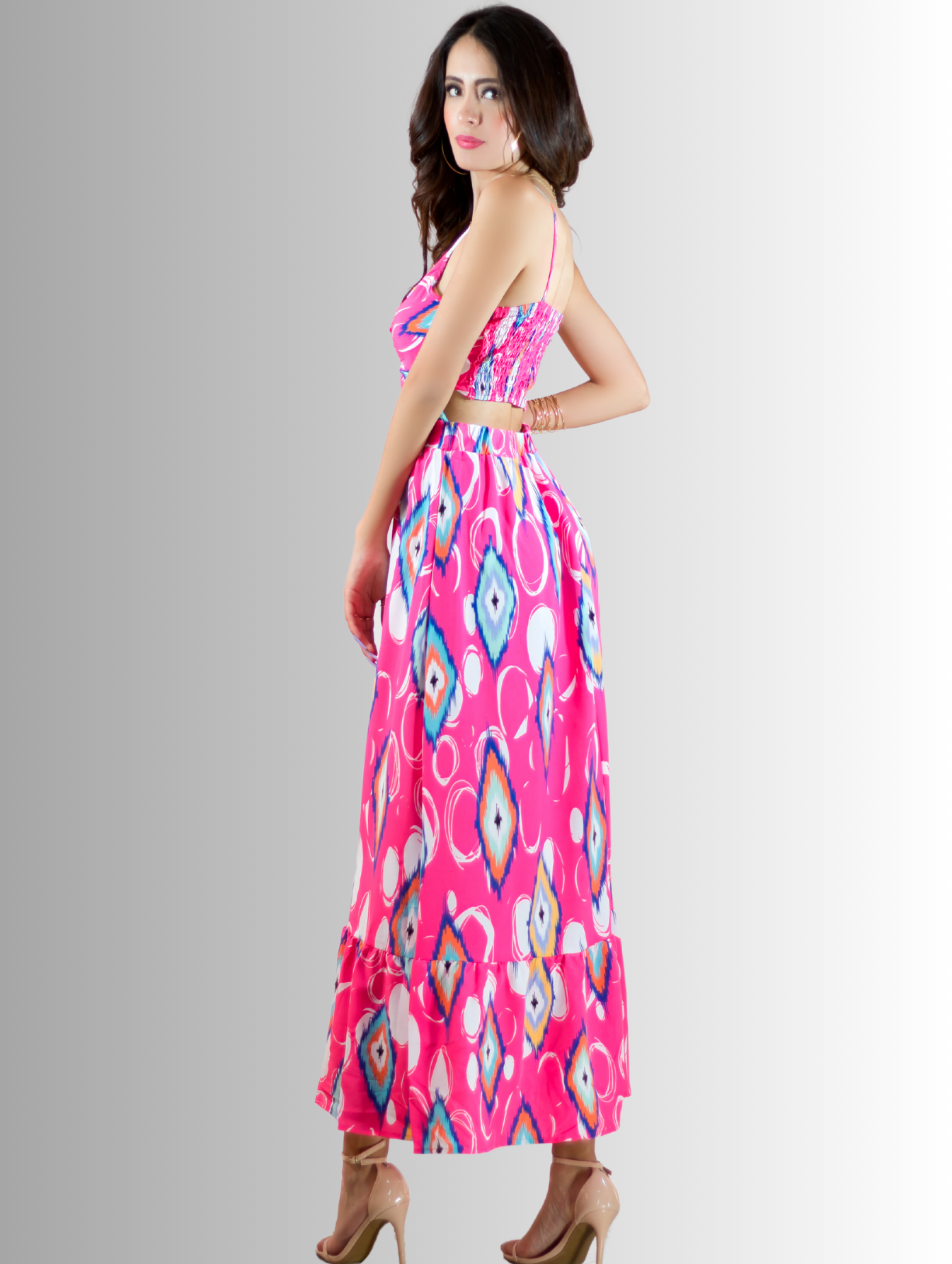 Foto 4 pulgar | Vestido Largo Ves-1007 Fucsia con Estampados de Mujer
