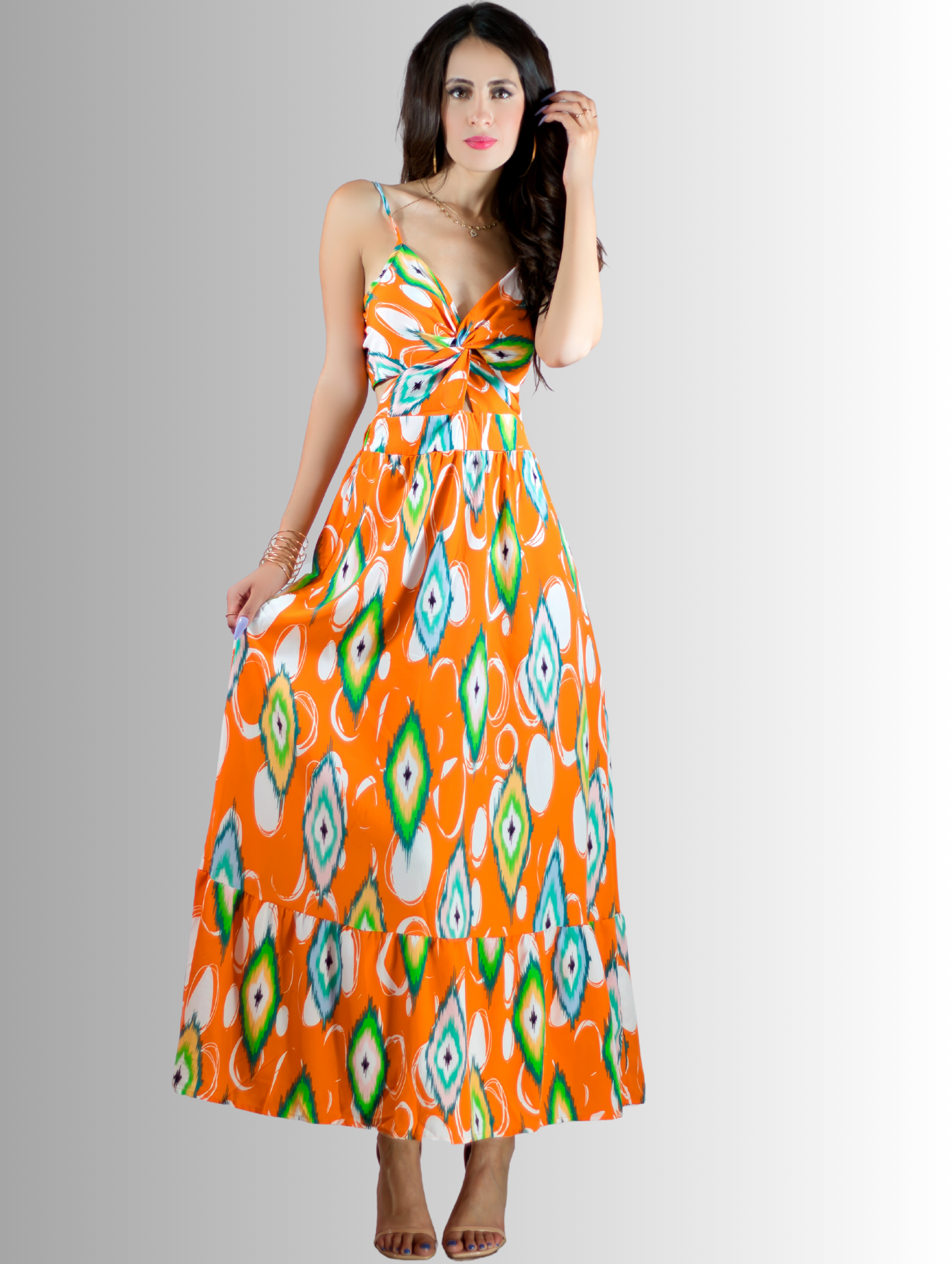 Foto 3 pulgar | Vestido de Mujer Largo Ves-1007 Naranja con Estampado