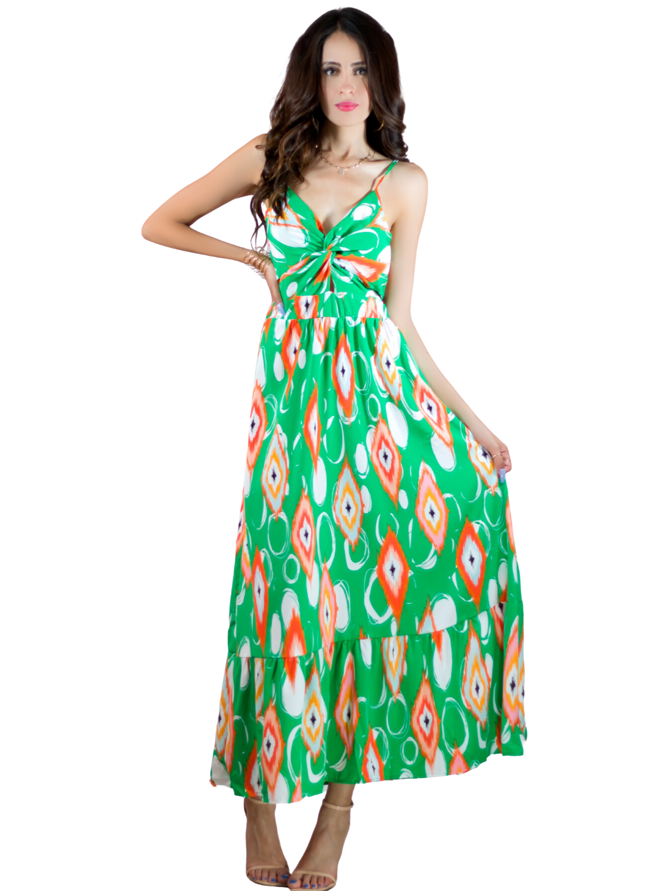 Foto 2 pulgar | Vestido Largo Verde con Estampados para Mujer