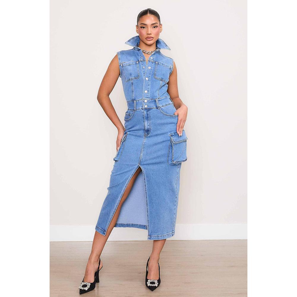 Vestido Midi Denim Roman Fashion Azul para Mujer