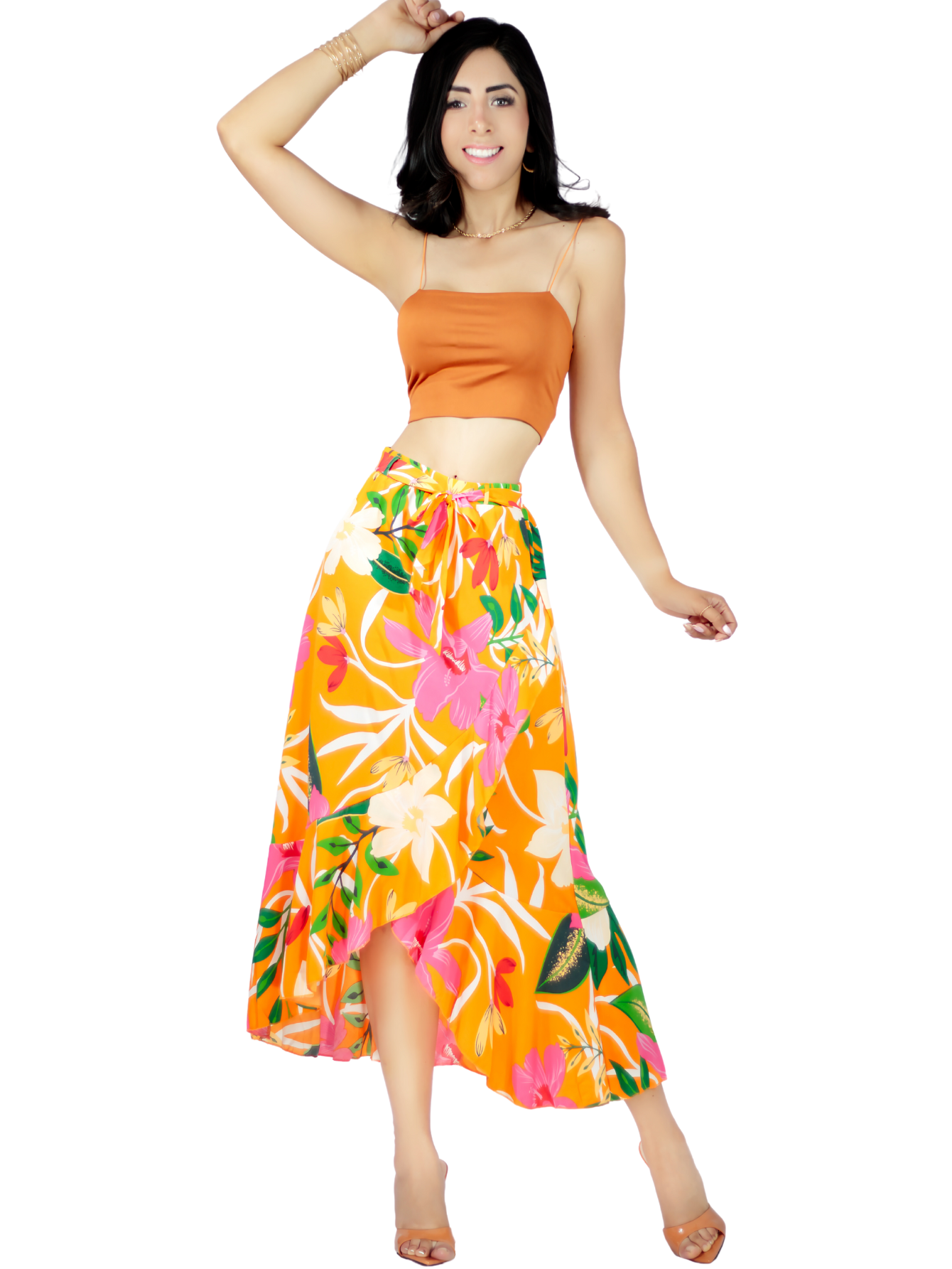 Falda Corte De Sirena Con Volantes color Mostaza