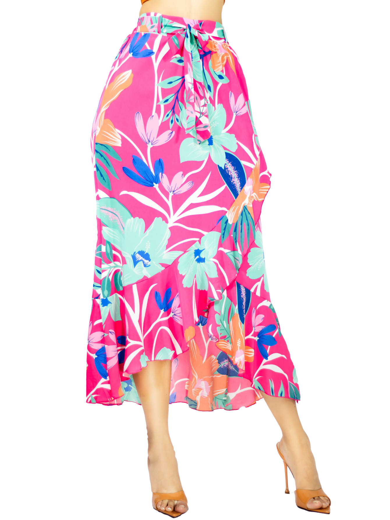Falda Corte de Sirena con Volantes Elegante O Casual Fald-1002 Fucsia Cintura Alta