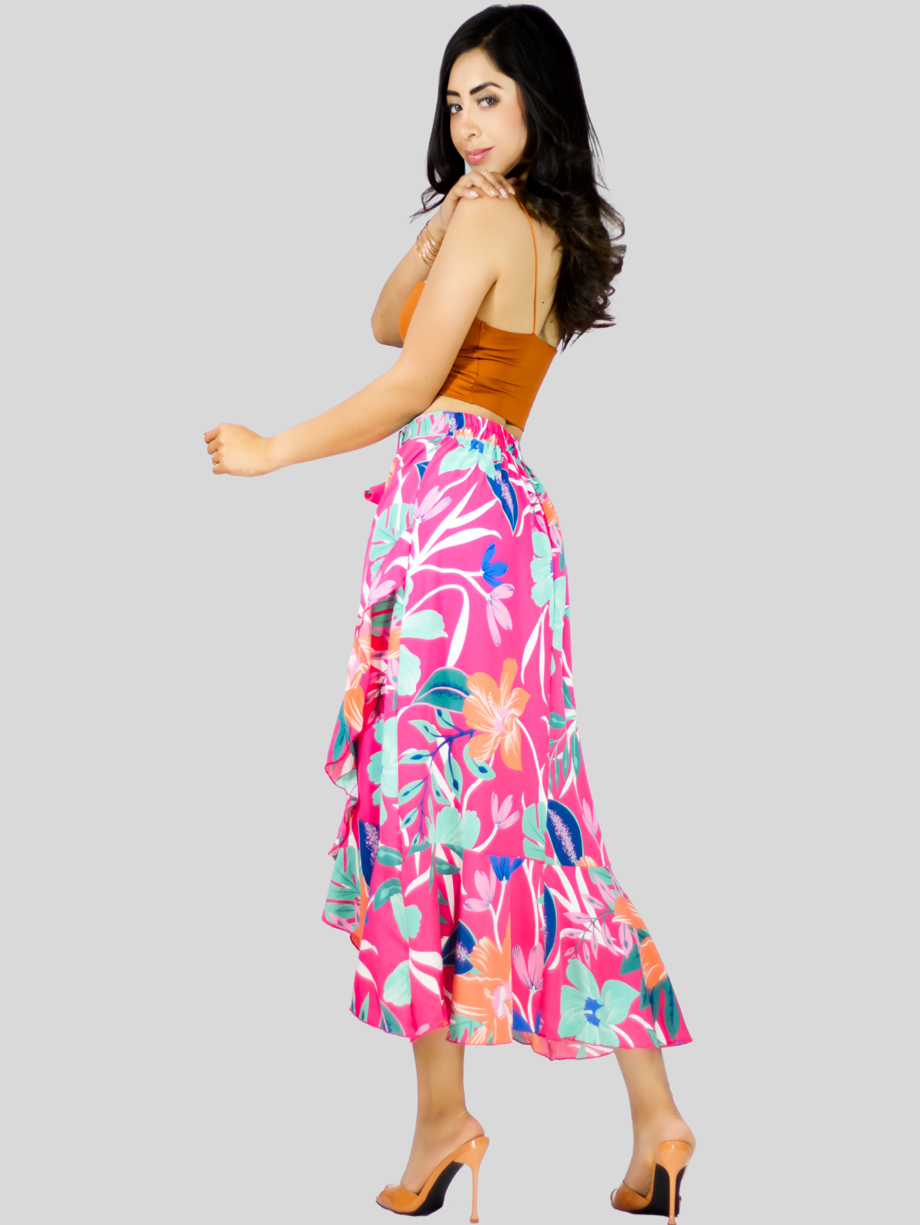 Foto 3 | Falda Corte de Sirena con Volantes Elegante O Casual Fald-1002 Fucsia Cintura Alta