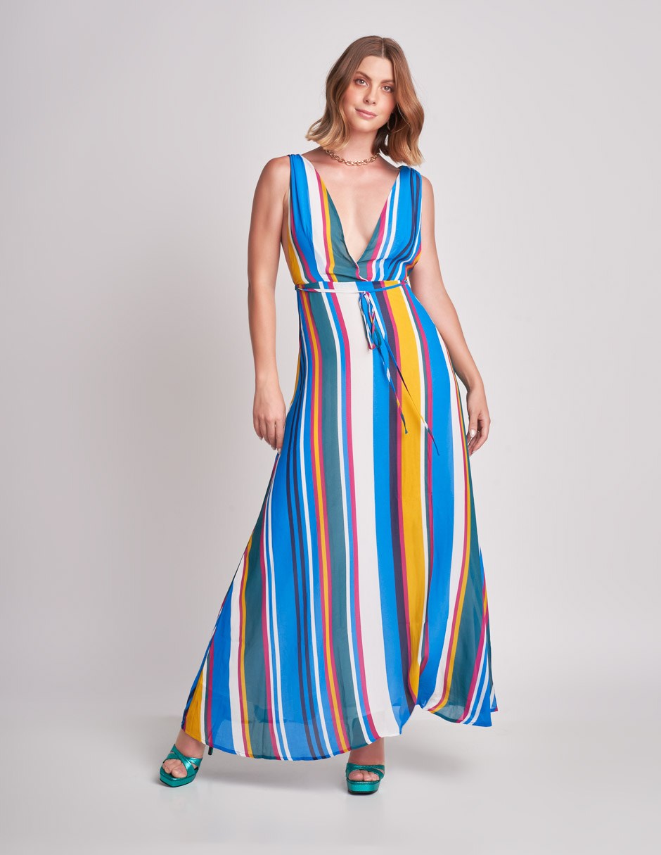 Vestido Devendi Color Multicolor Líneas Escote En V
