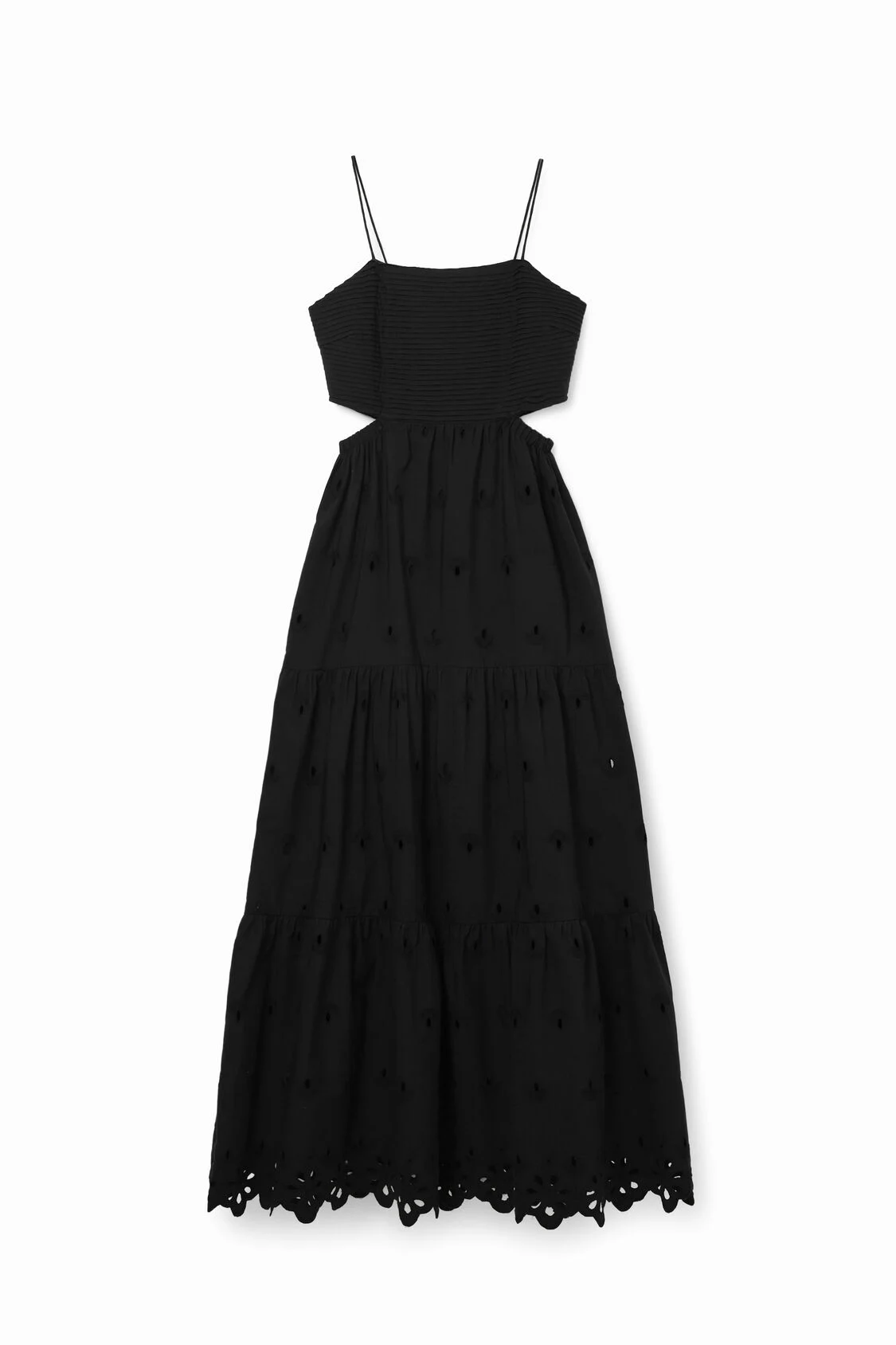 Vestido Largo Bordados Cut-outs Negro Desigual