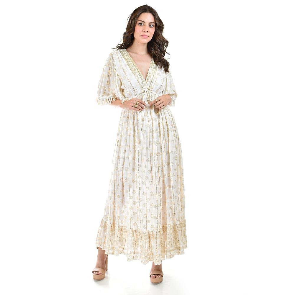 Foto 2 pulgar | Vestido Bohemio Manga con Barbas Roman Fashion Juvenil 23176 Beige