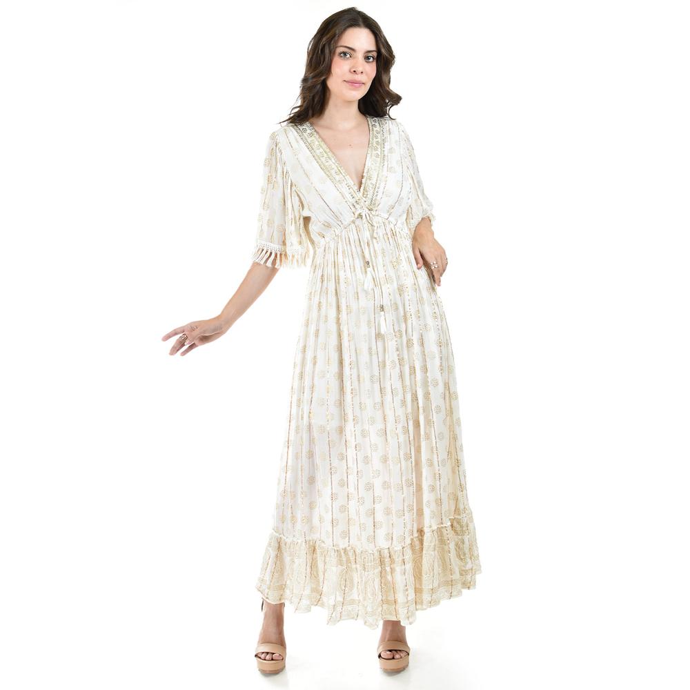 Foto 6 pulgar | Vestido Bohemio Manga con Barbas Roman Fashion Juvenil 23176 Beige