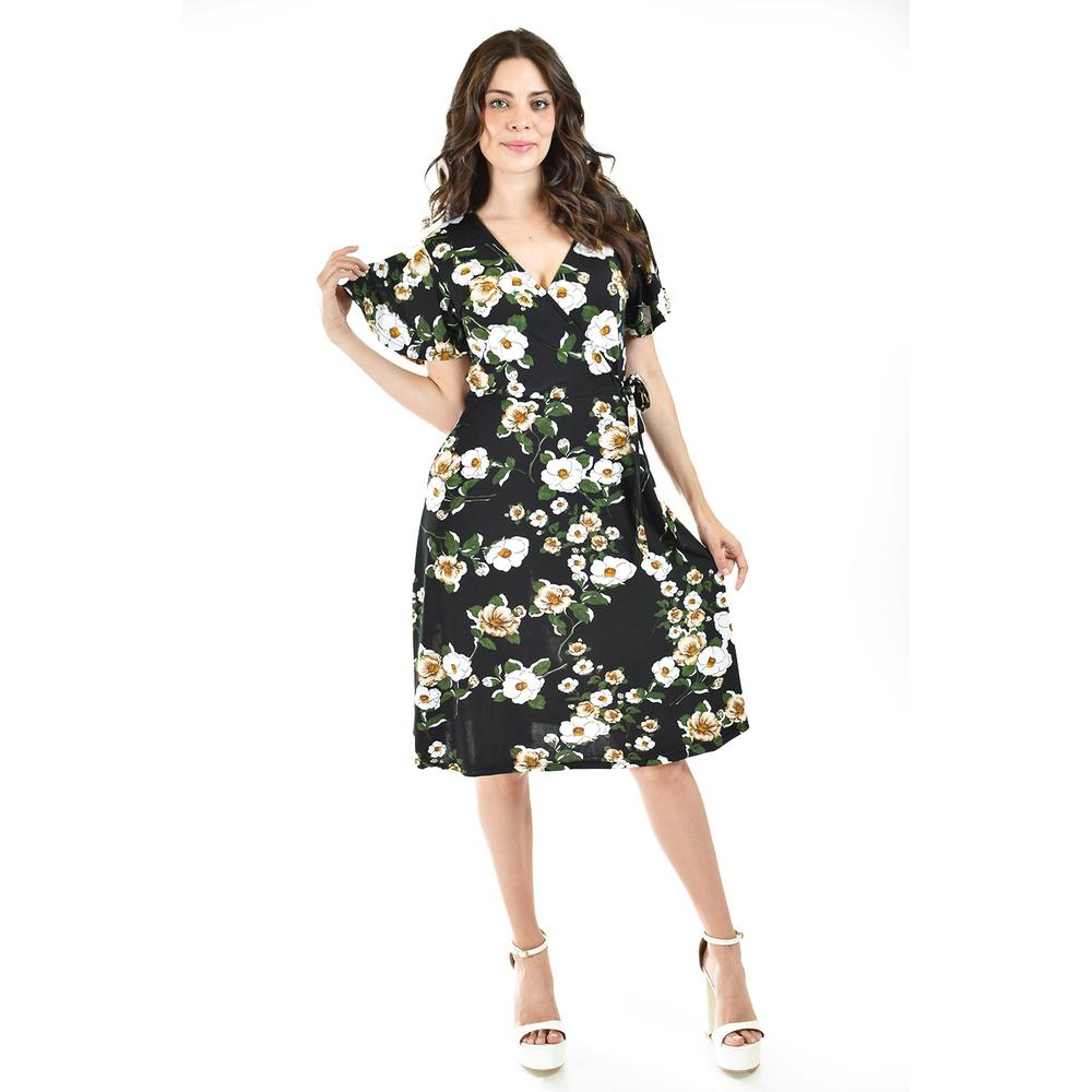 Vestido Flores Escote Cruzado Roman Fashion Negro