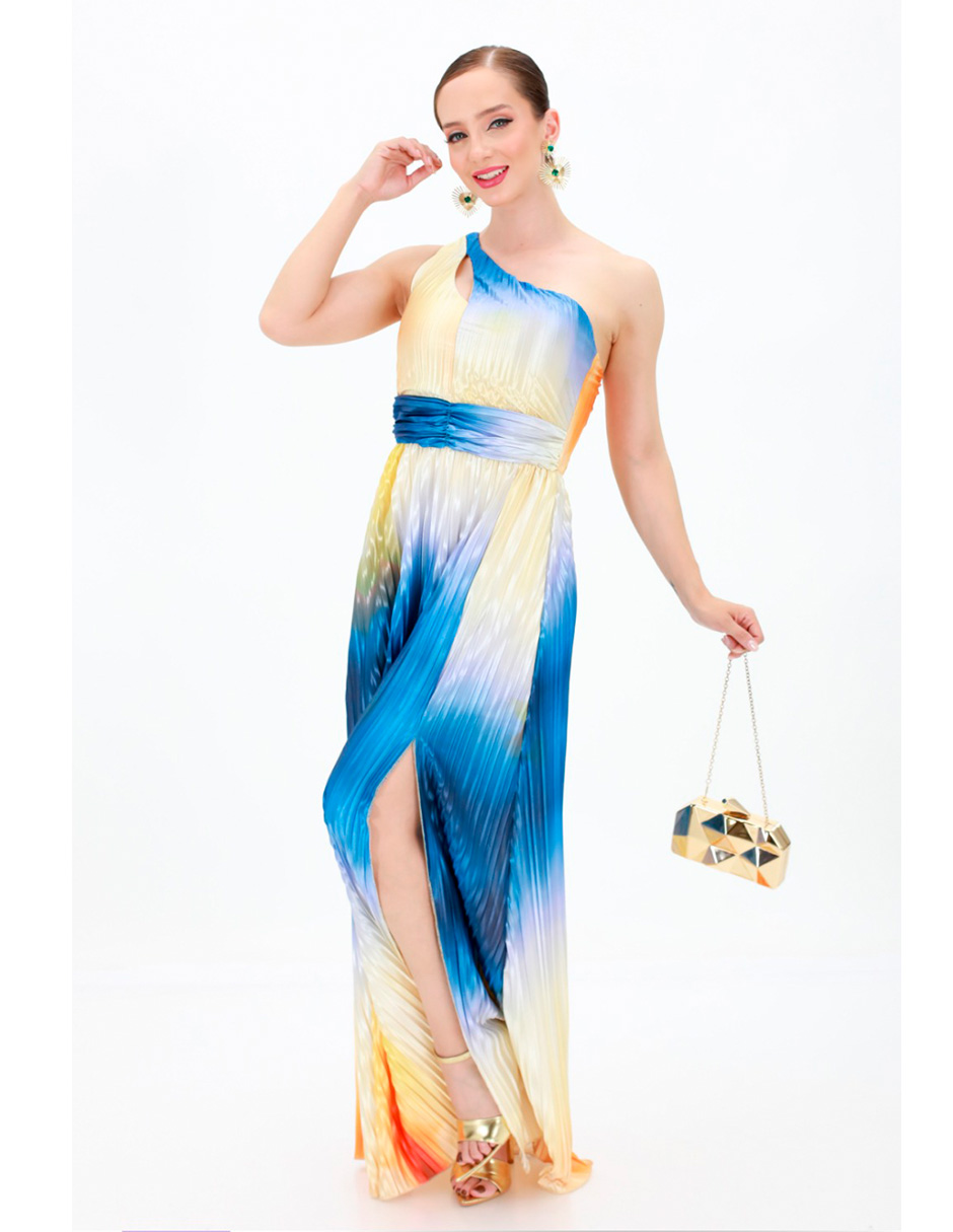 Vestido Largo Eva Berry Plisado Azul