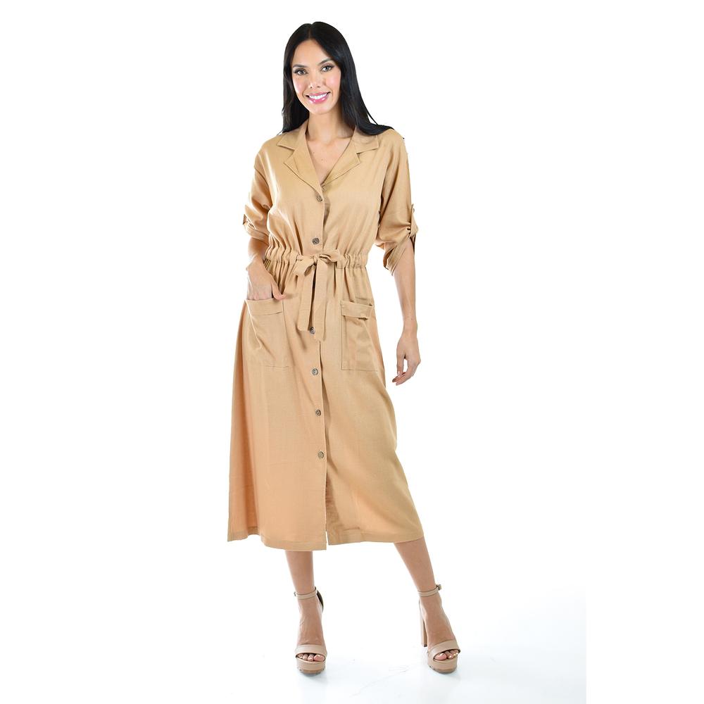 Foto 2 pulgar | Vestido Camisero de Lino Roman Fashion Juvenil 2391 Beige