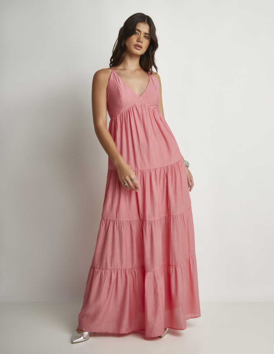 Vestido Devendi Color Rosa Largo Escote V