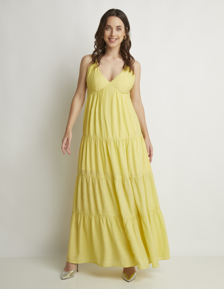 Foto 1 | Vestido Devendi Color Amarillo Largo Escote V
