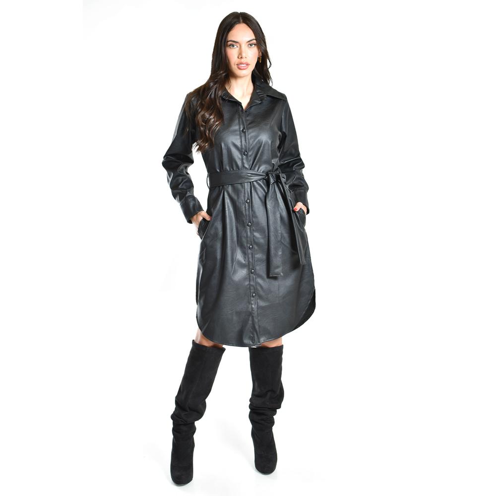 Foto 2 pulgar | Vestido Camisero De Piel Sintetica Roman Fashion /juvenil, 104 (negro) Negro