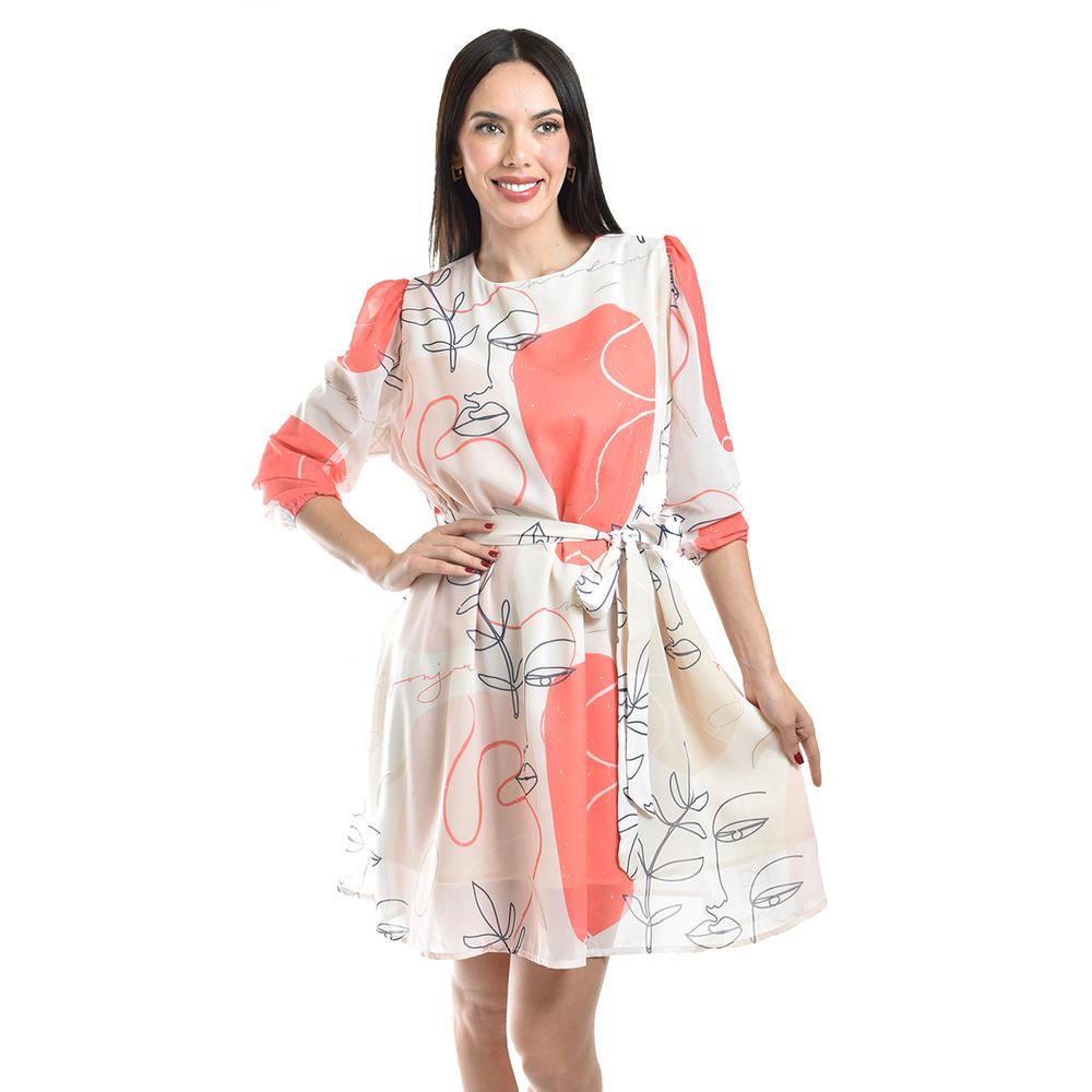 Foto 2 pulgar | Vestido Abstracto Con Cinto Roman Fashion /juvenil, 3825 (durazno) Naranja Claro